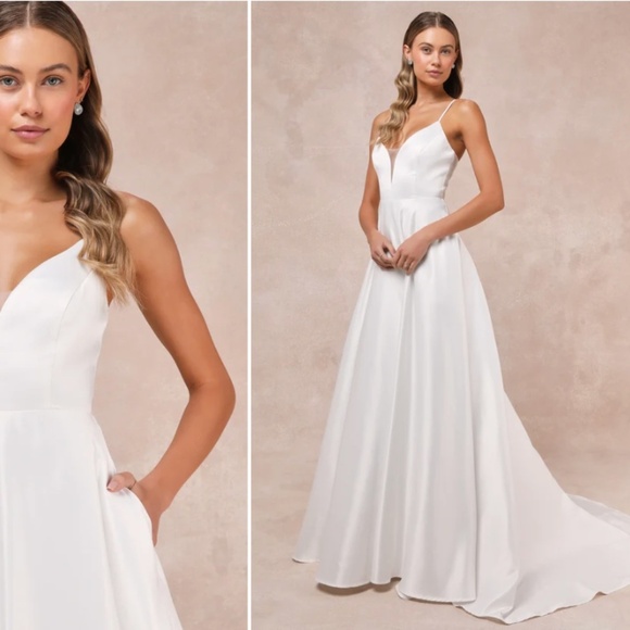 LULU's Bridal Wedding Chic Classy Modern Sexy Minimalist Sexy Satin A-Line Gown - Picture 1 of 5